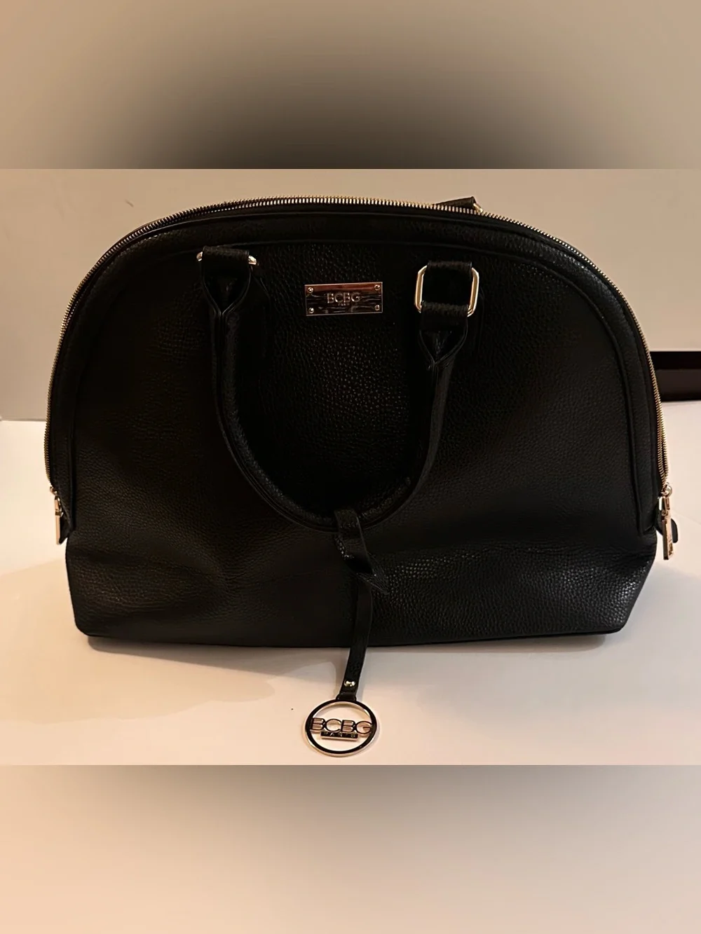 BCBG Paris Black Pebbled Leather Dome Satchel with Gold Accents